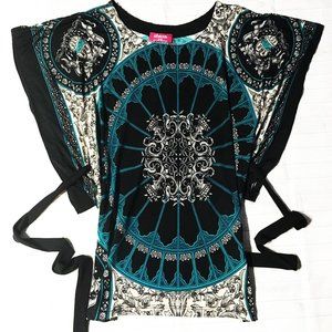 Shasa Regal Turquoise & Black Tie Kimono Blouse